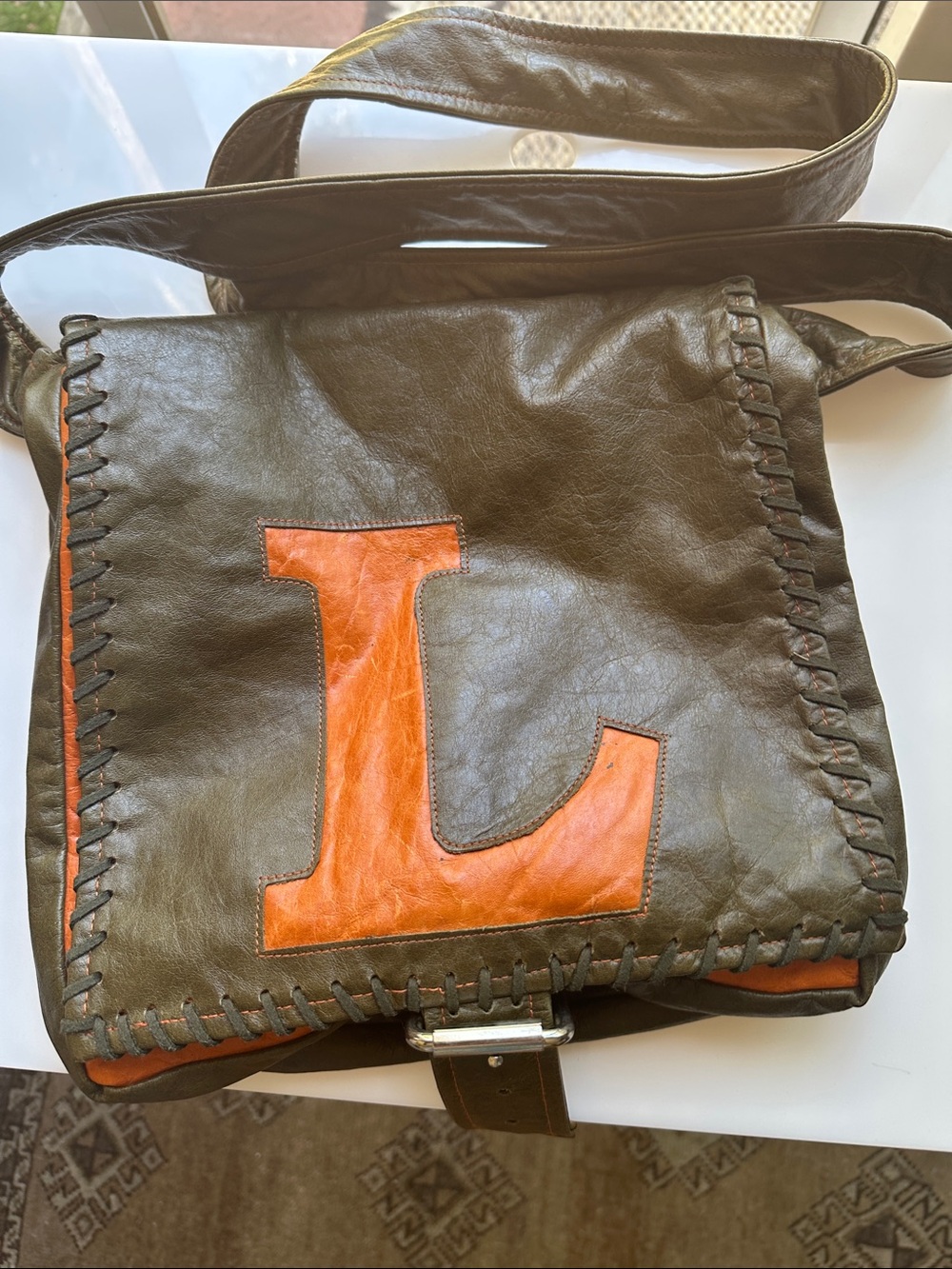 Sandra Lea Leather Messenger Bag with Orange 'L' Accent
